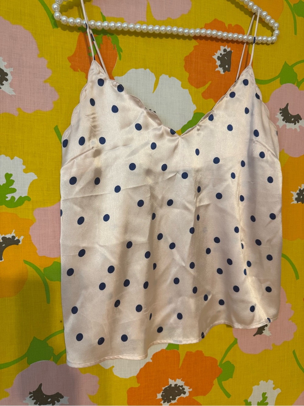 Topshop Pink and Navy scalloped Satin Polka Dot top
